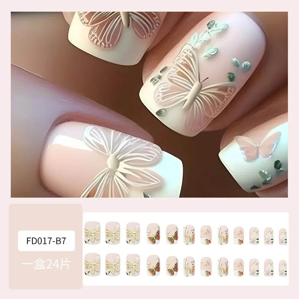 24pcs/set Floral Pattern Press-On Nail Set Mixed Color Ballet Shape Medium Length Simple Sweet Elegant Luxury Style Fake Nails AA247