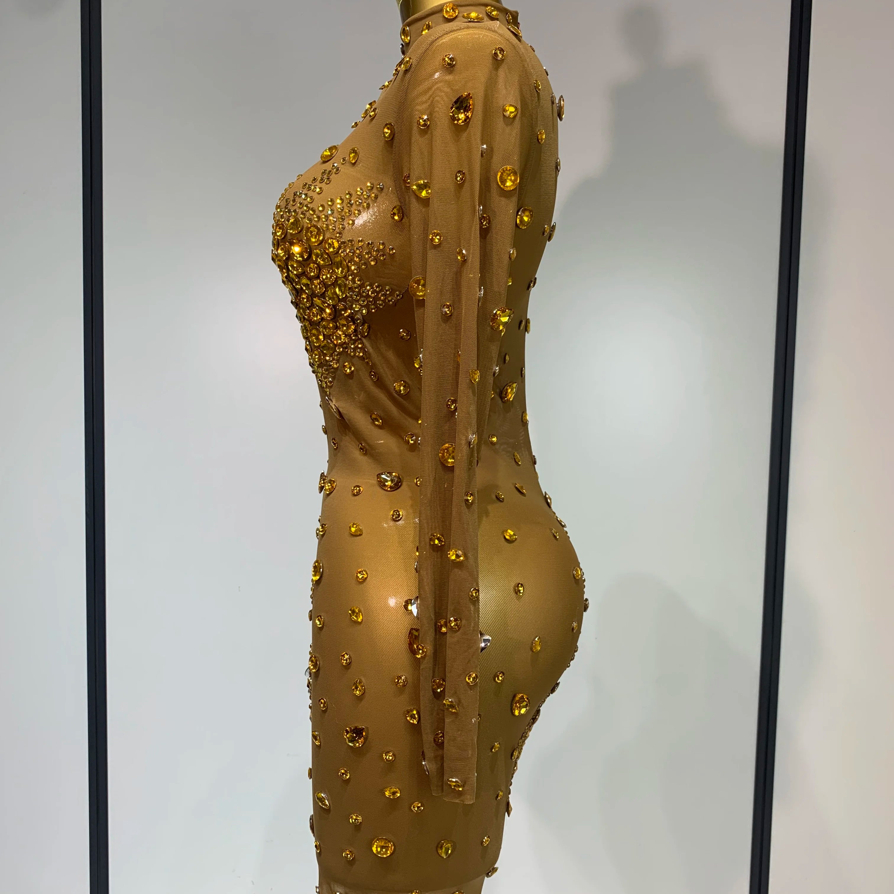 Women Sexy Gold Rhinestones Sparkly See Through Mini Dress Evening Party Fashion Performance Stage Outfit Luxury Birthday Dress