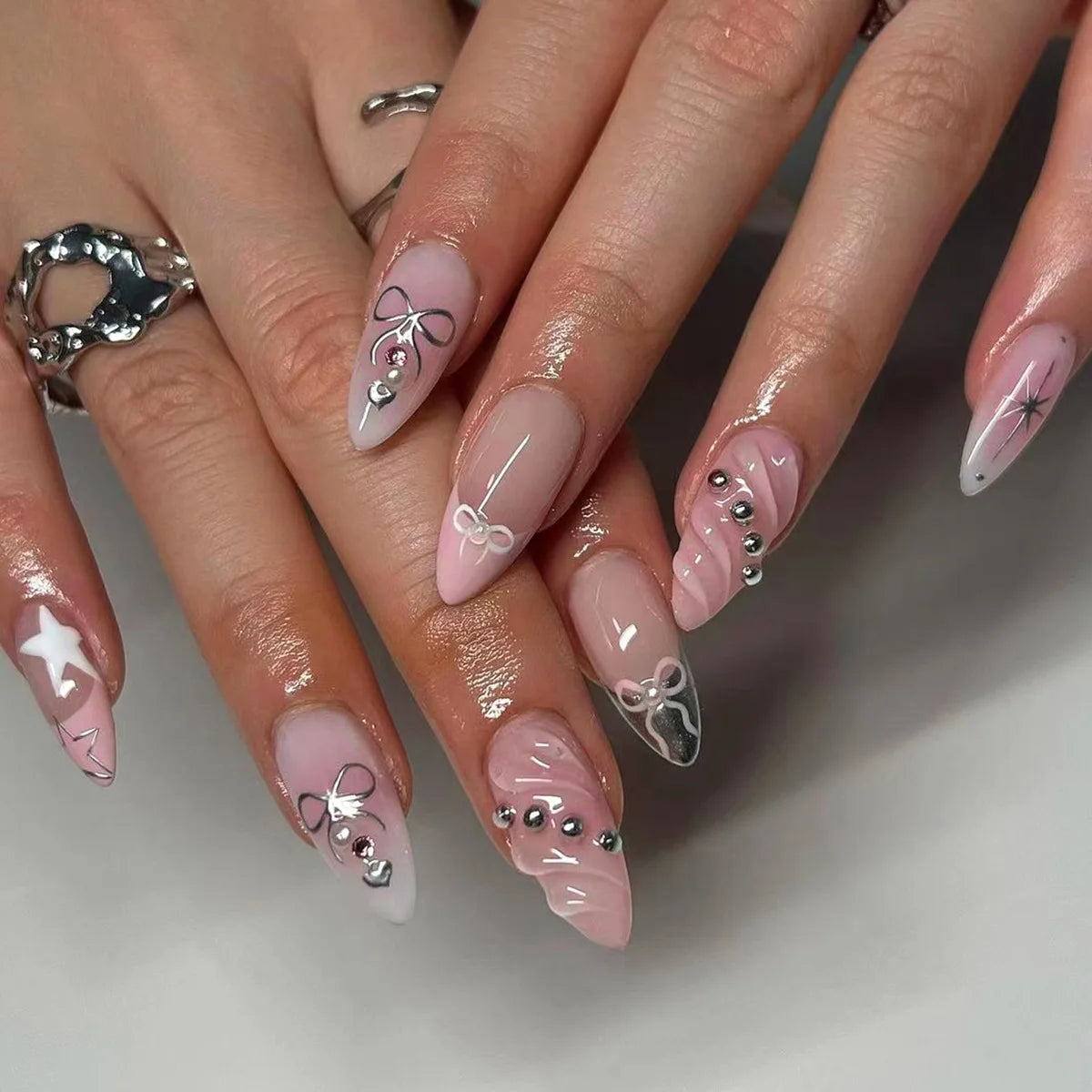 24Pcs Mid-length Almond Fake Nail Tips Pink French 3D Press on False Nails with Bow Design Wearable Oval Head Manicure Art 3038