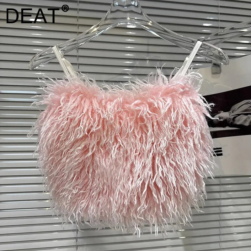 Winter New Sweet Temperament Faux Wool Adjustable Strap Camisole For Women Backless Tank Top Female 11A07775