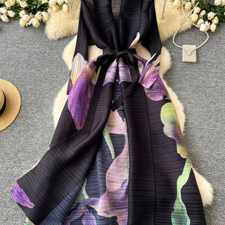 XFPV Elegant Style Long Sleeve Lapel Waist Cinching Strap Pleated Print Dress Vestidos For Women Y2k Korean Fashion Autumn 2024