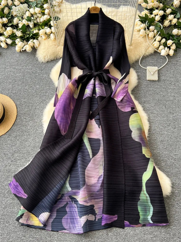 XFPV Elegant Style Long Sleeve Lapel Waist Cinching Strap Pleated Print Dress Vestidos For Women Y2k Korean Fashion Autumn 2024