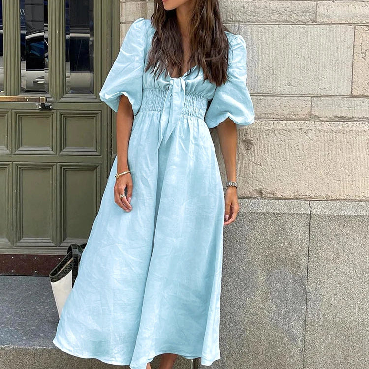 OOTN Sexy High Waist A Line Dresses Spring Elegant Blue Pleated Short Sleeve Dress Women Vintage Cotton Linen Summer Dress 2024