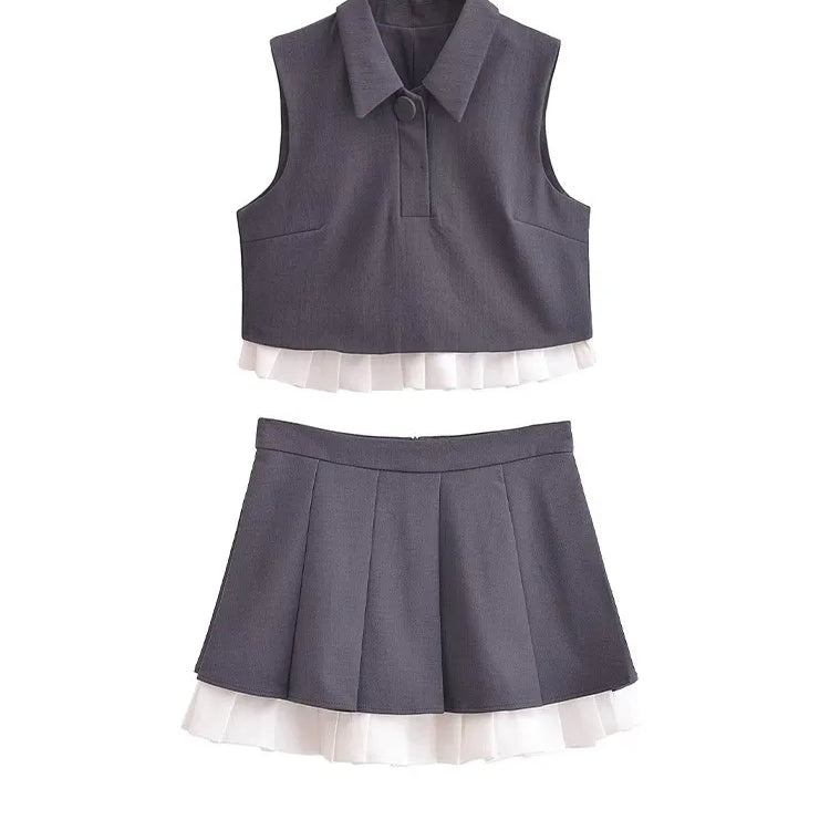 BlingBlingee Summer Women Sleeveless Shirt Mini Skirt Suits Traf Pleated Patchwork Slim Female Crop Top Tanks Sets Y2K Grey Two Piece Sets