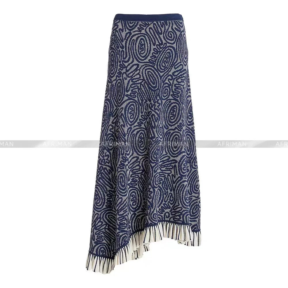 Women Retro Ruffles Edge Decoration Knitted Top+ Irregular Camisole+ Long Skirt Sky blue