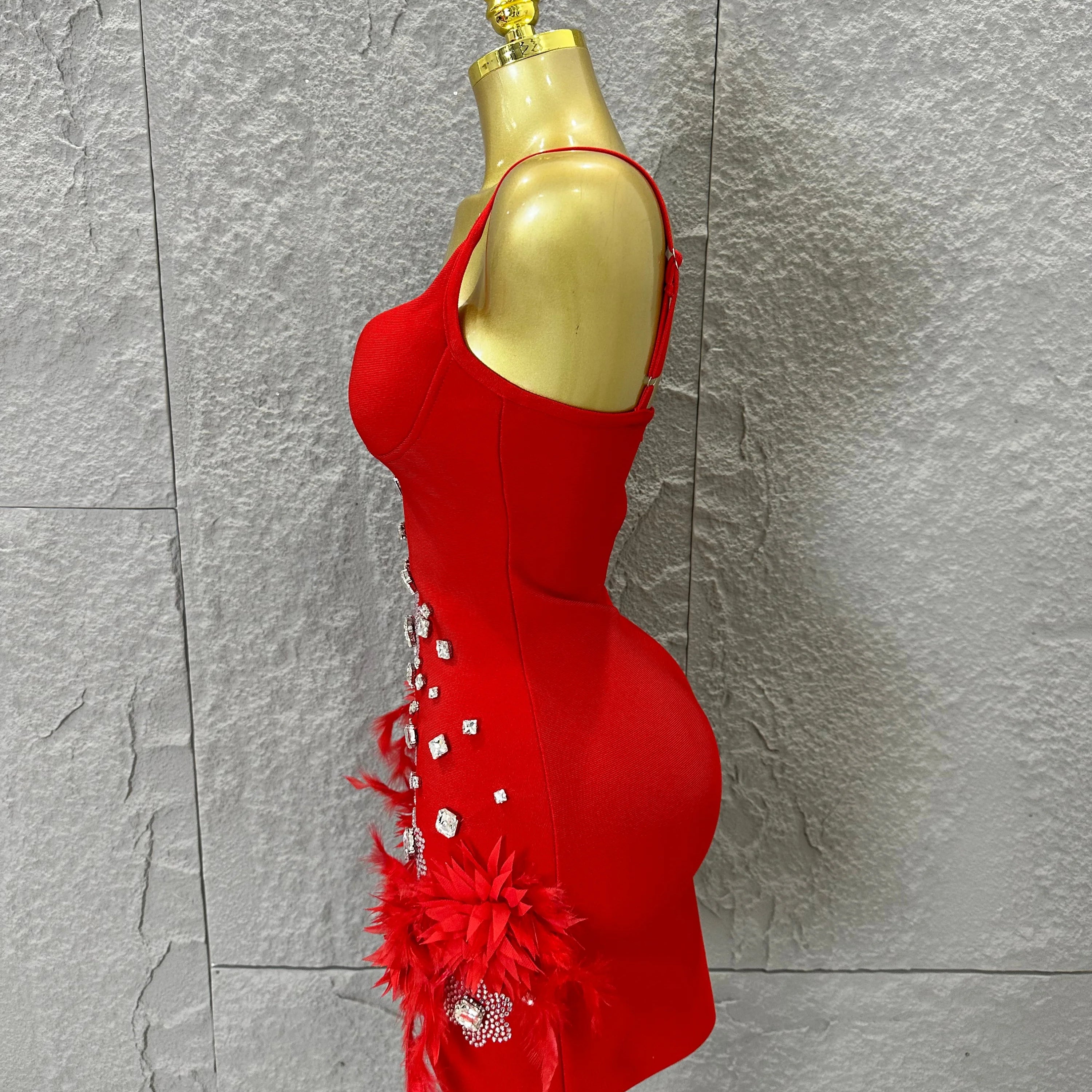 Elegant Red Spaghetti Strap Mini Dress Women Sexy Sweetheart Neck Crystal & Feather Form-Fitting Outfit Formal Event Costume