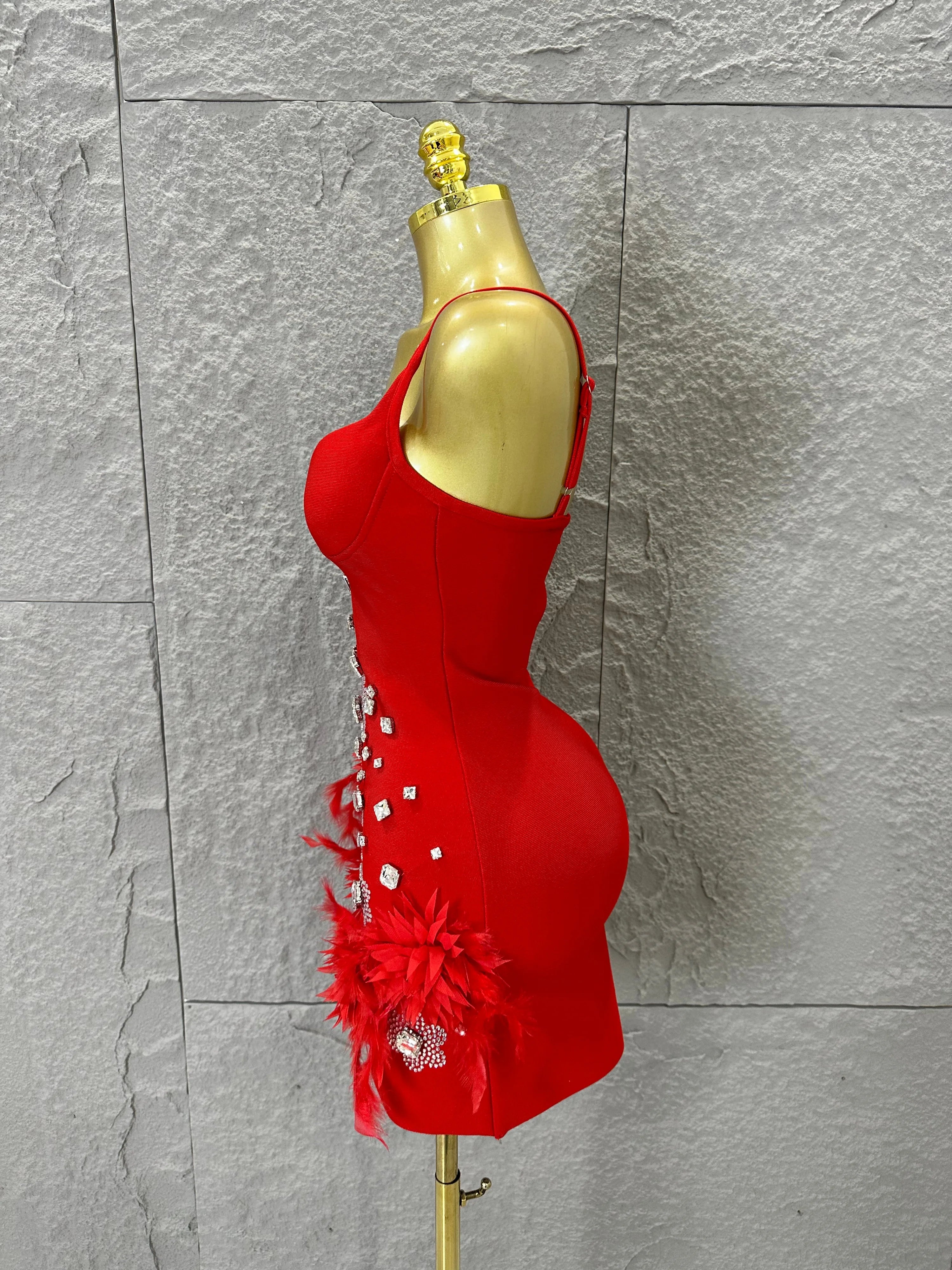 Elegant Red Spaghetti Strap Mini Dress Women Sexy Sweetheart Neck Crystal & Feather Form-Fitting Outfit Formal Event Costume