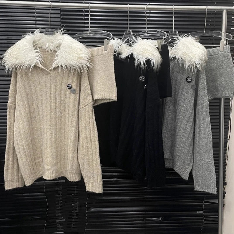 Autumn Winter New Large Fur Collar Knitted Soft Warm Sweater For Women Casual Solid Color Shorts Female 11A07781