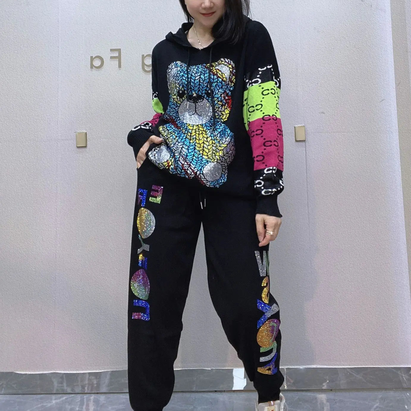 Colorful Bear Diamonds 2 Piece Sets Womens Outfits Letter Print Casual Tracksuit Women Autumn Loose Hooded Sweater Joggers Femme black One Size