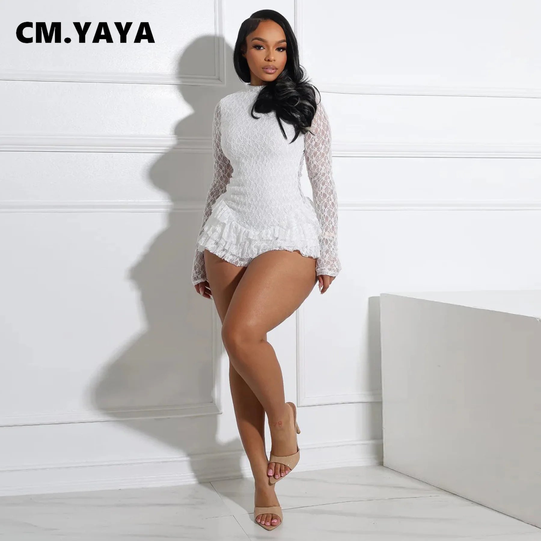 CM.YAYA Women Long Sleeve Lace Ruffles Ruched High Waist Short Jumpsuit Streetwear Backless Street One Piece Romper Playsuit