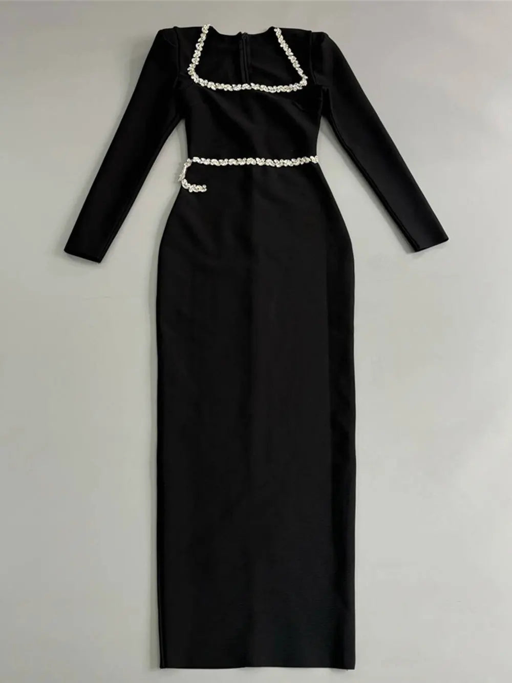 2024 Elegant Women Dress Light Luxury Diamond Design Bandage Dress Square Neck Long Sleeve Bodycon Christmas Red Dress Vestidos black