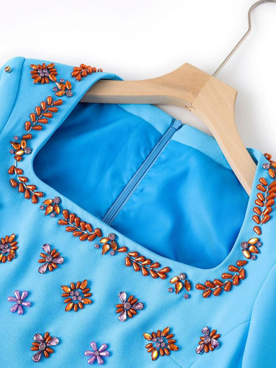 Solid Slimming Spliced Bead Luxurious Dresses for Women Square Neck Long Sleeves Temperament Dress Female Clothing