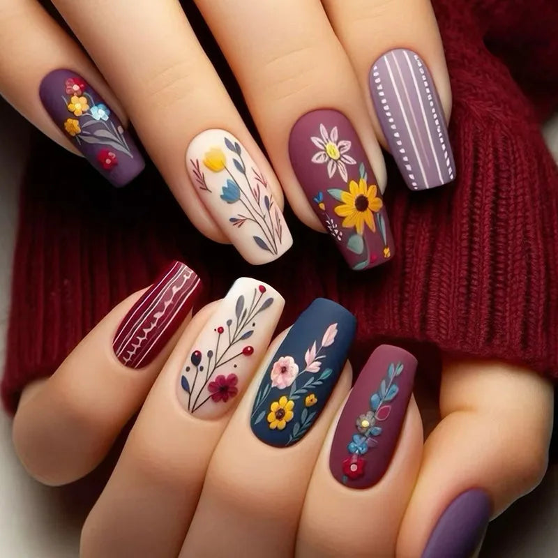 24pcs/set short medium fake nails beautiful flowers design fall winter square ballet acrylic tips press on false nail art supply 1655