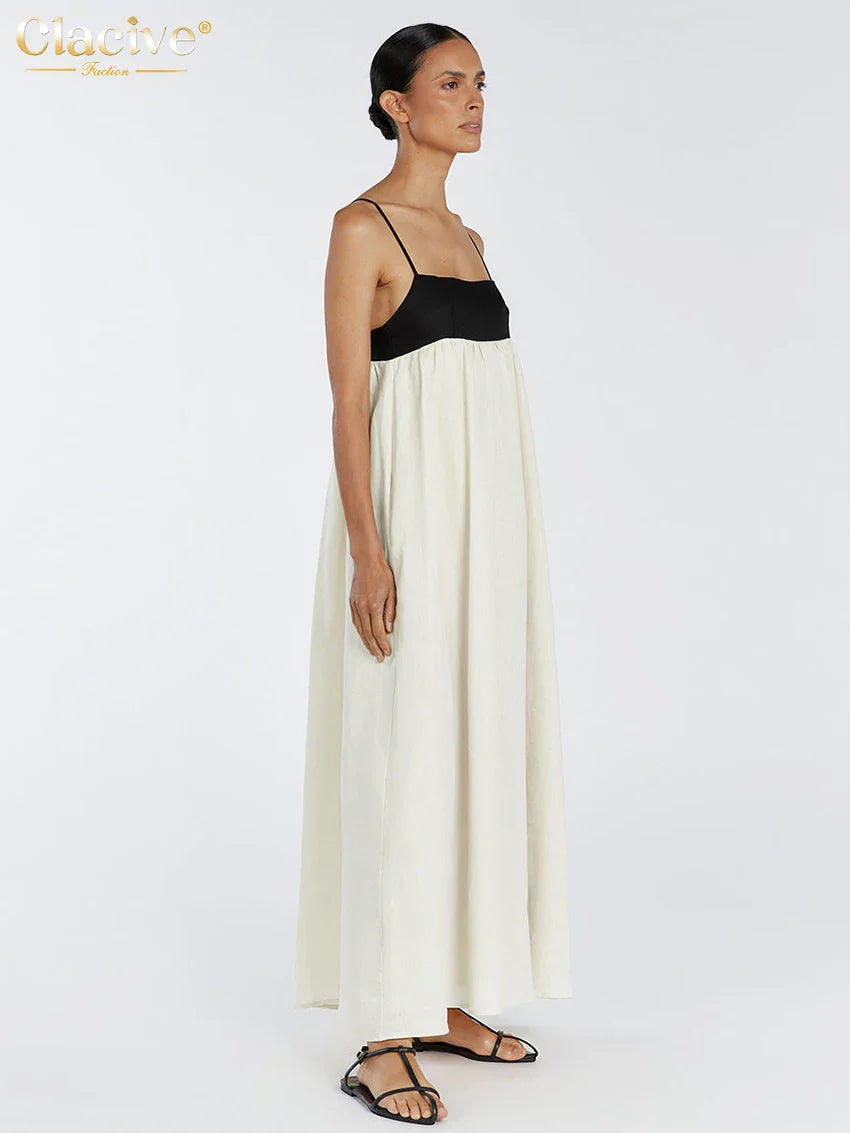 Clacive Sexy Loose Beige Cotton Women'S Dress Summer Strap Sleeveless Ankle Length Dresses Elegnat Classic Female Dress