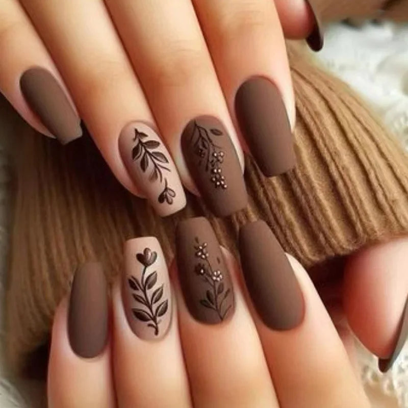 24Pcs Fashion Fake Nails Press on Long Ballet False Nails Art with Flower Design Brown Detachable Full Cover Nail Tips Manicure 1806