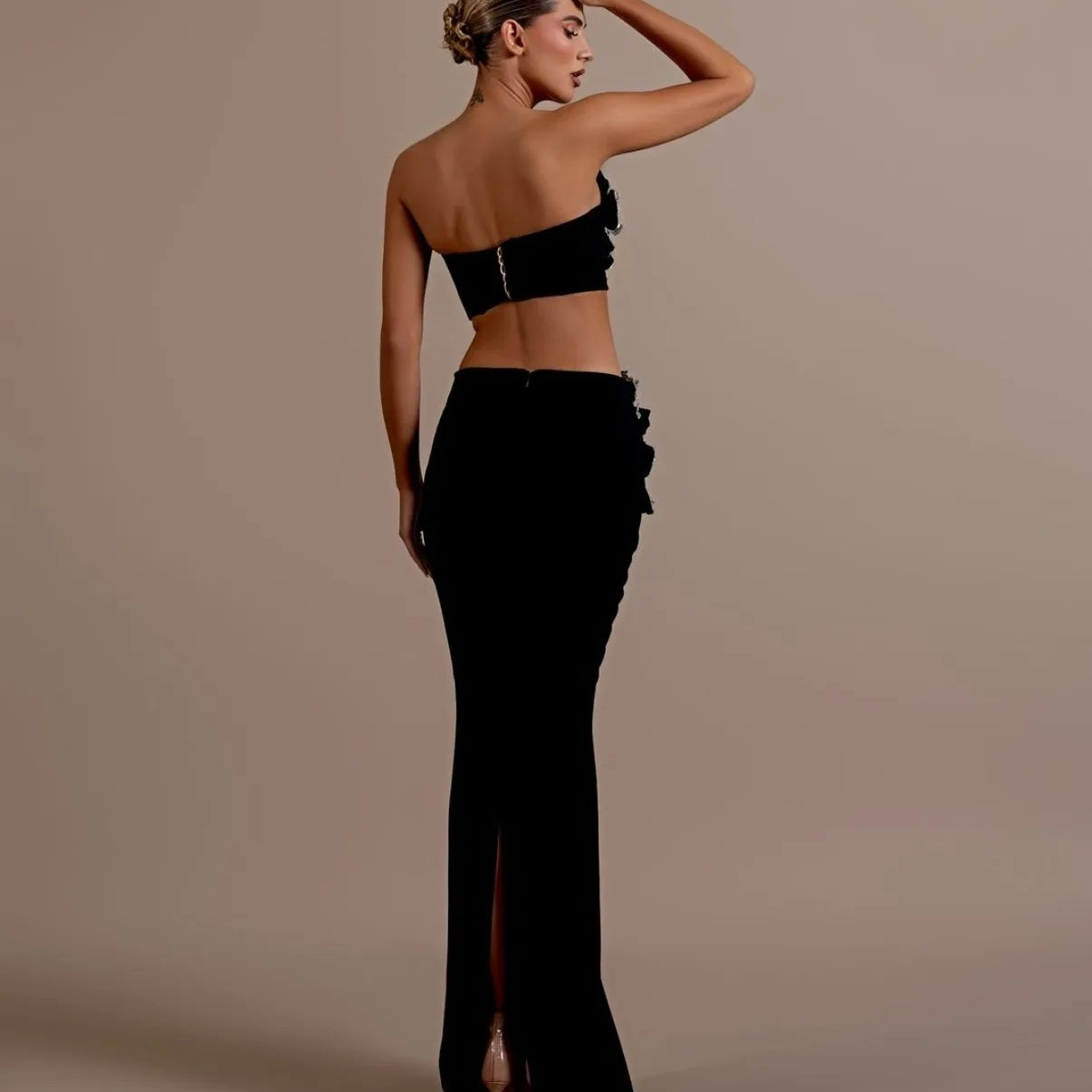 2024 Luxury Dazzling Diamond Flowers Short Strapless Top And Ankle Length Skirt 2 Pieces Woman Set Celebrity Party Vestido