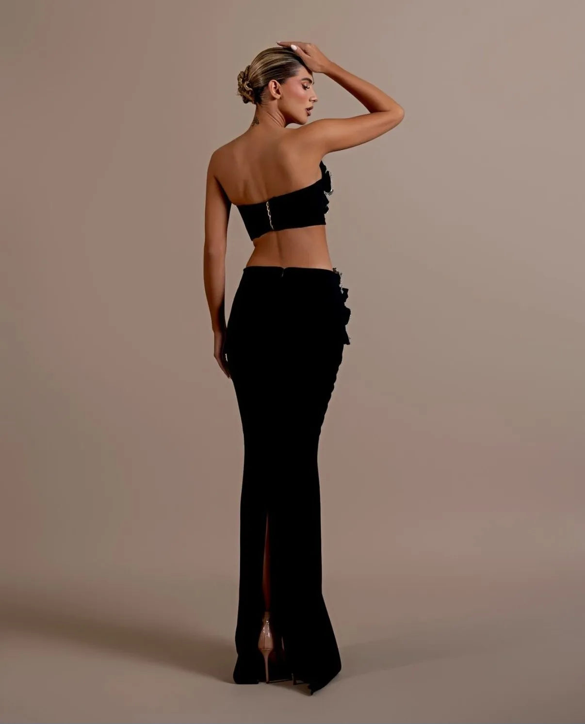 2024 Luxury Dazzling Diamond Flowers Short Strapless Top And Ankle Length Skirt 2 Pieces Woman Set Celebrity Party Vestido