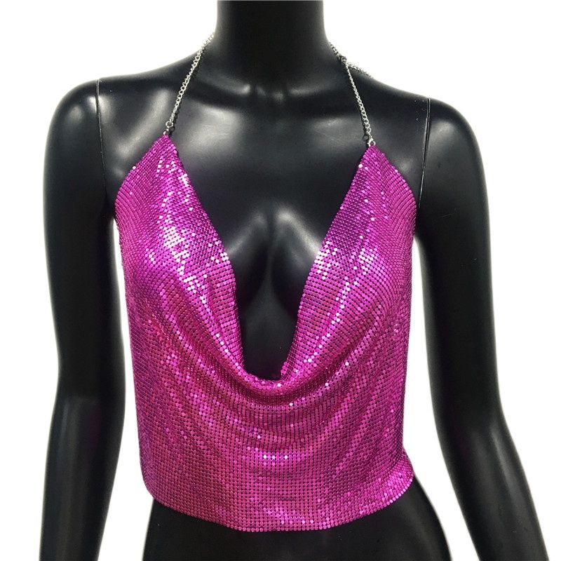 Women 2024 Sexy Metal Sequined Tank Camis Summer Gold Silver Backless Cropped Glitter Beach Club Show Wear Tank Tops Rose Red 25 cm One Size