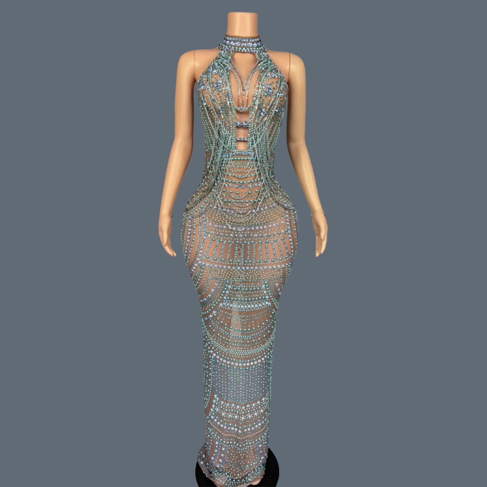 Luxury Couture Rhinestone Elegant Evening Dress Women Birthday Celebrate Party Gown Sexy Mesh See Through Photo Shoot Dress Miwu SKY BLUE