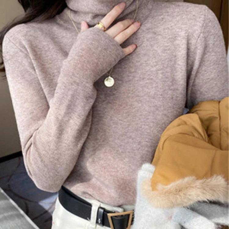 Women Turtleneck Sweaters Casual Soft Long Sleeve Pullovers Elastic Jumpers Knitwear Slim Basic Sweater For Women Autumn Winter Khaki One Size