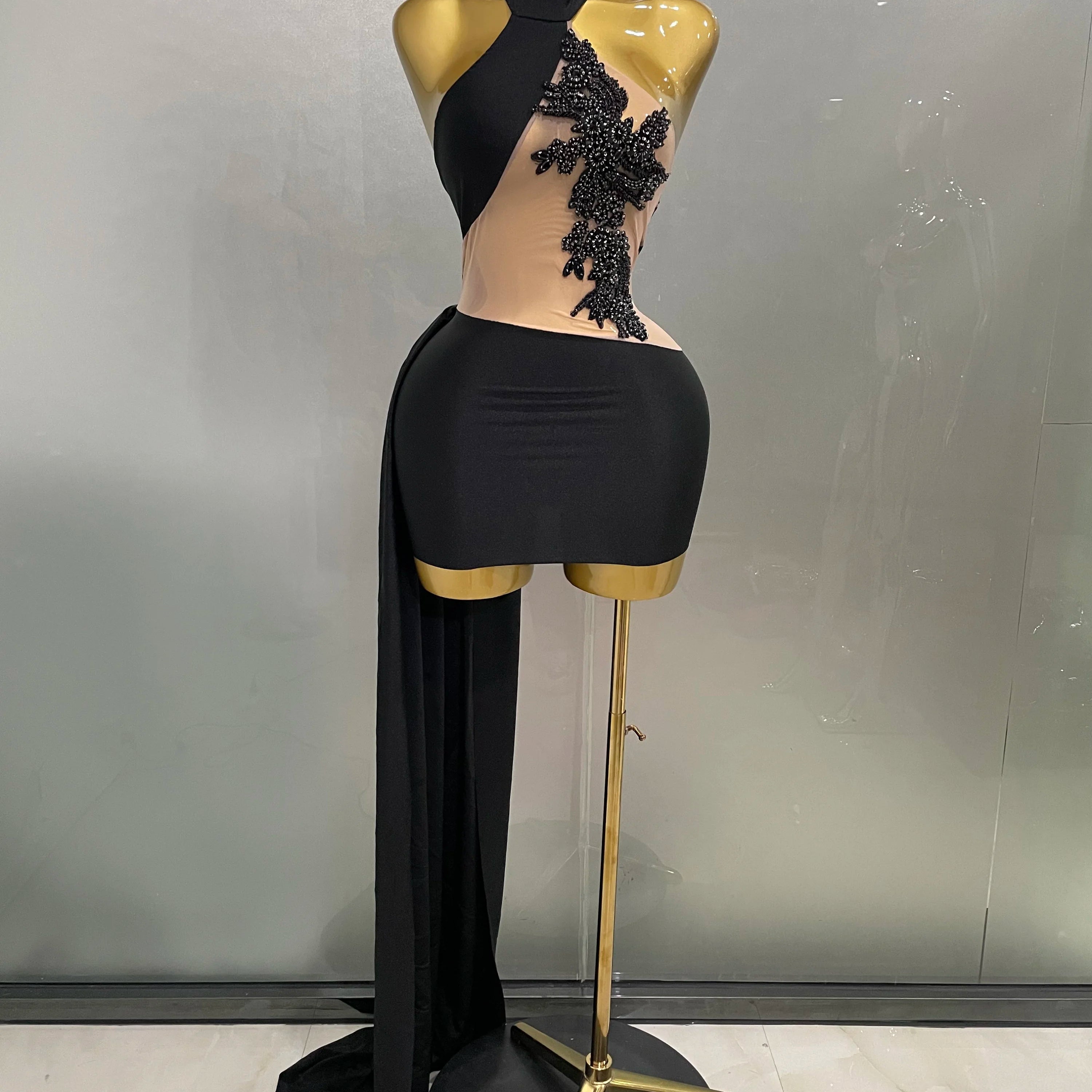 Sexy Sparkly Beaded Mesh See-Through Backless Cocktail Short Dress 2025Women Evening Prom Celebrate Birthday Party Stage Costume black