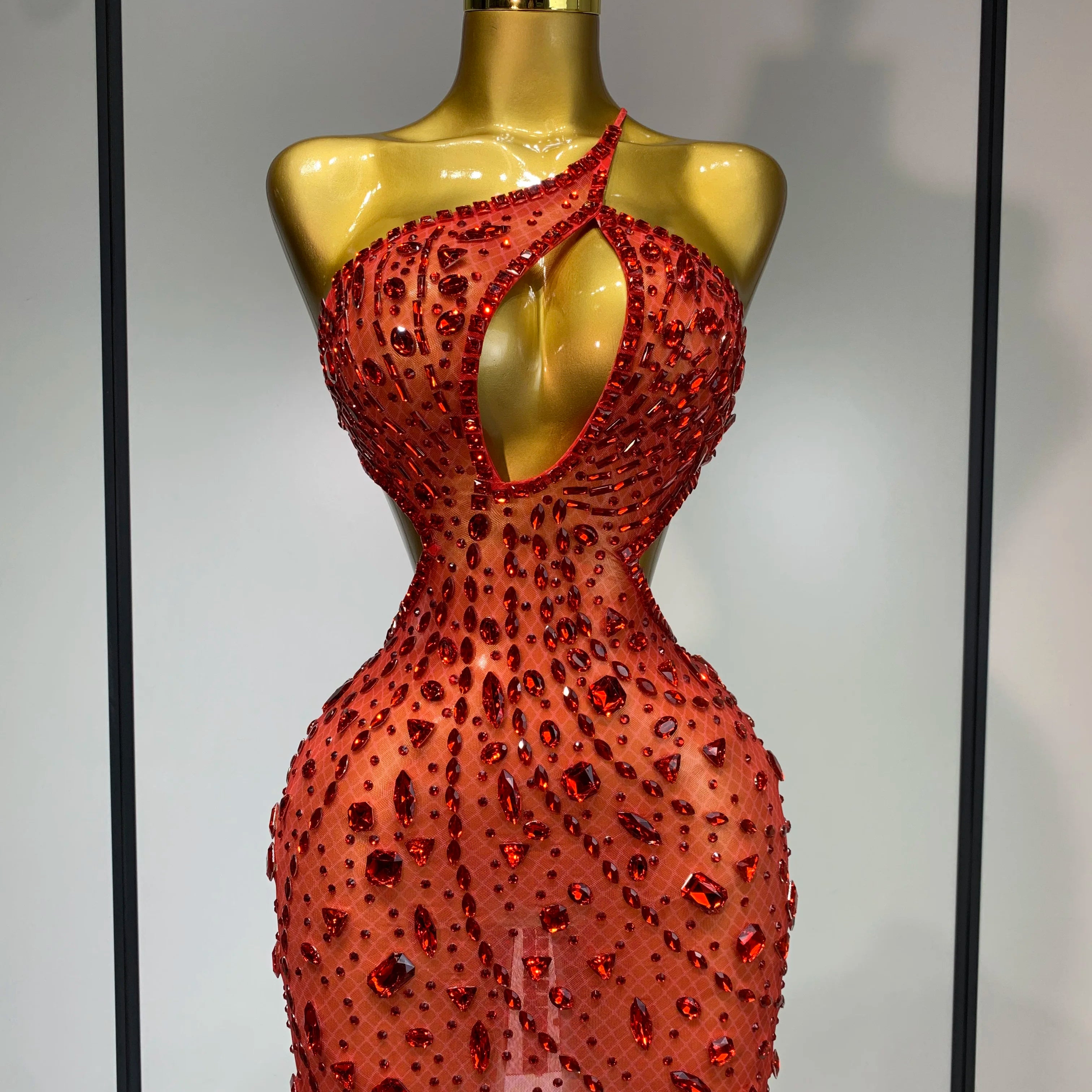 Sparkly Rhinestones Backless Mini Dress Women Sexy Mesh Transparent Celebrate Evening Birthday Dress Photo Shoot Stage Wear Red