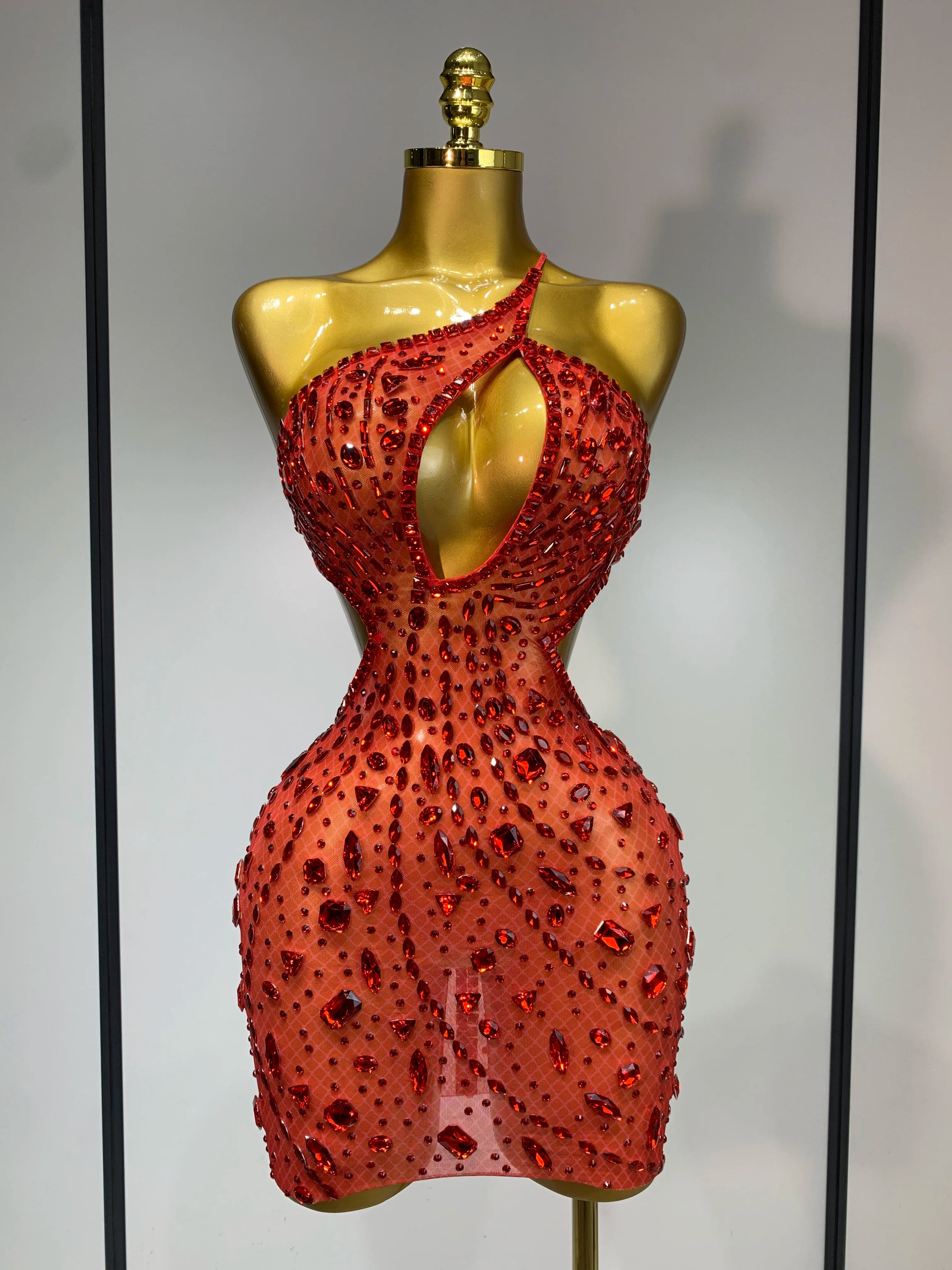 Women 2025 Sexy Backless See Through Sparkly Diamond Evening Prom Gown Luxury Birthday Celebrate Stage Nightclub Hotwife Outfit Red