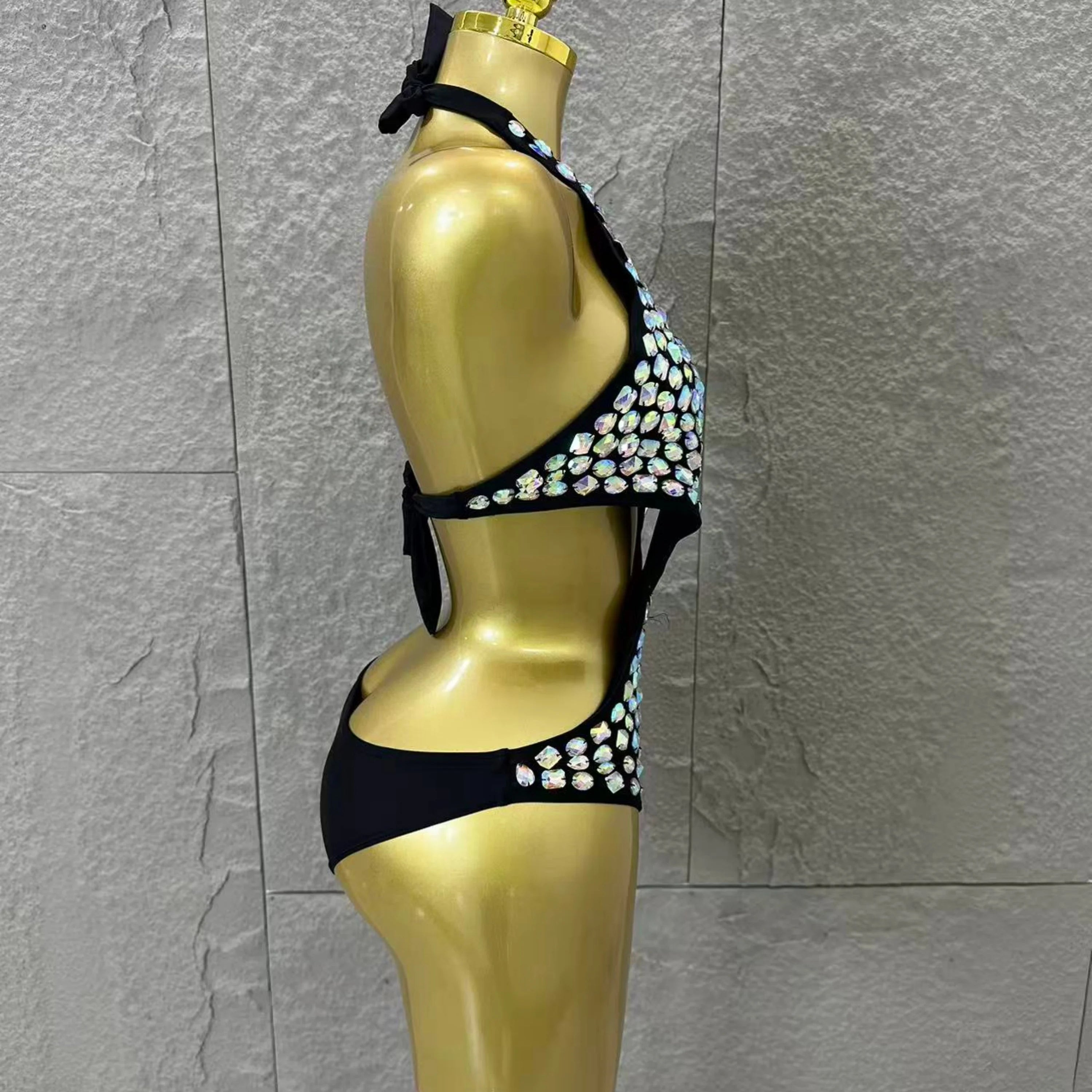 Women Sexy Halter Neck Iridescent Crystal Embellished Cutout Outfit Stage Performance Costume 2026 Luxurious Black Bodysuit