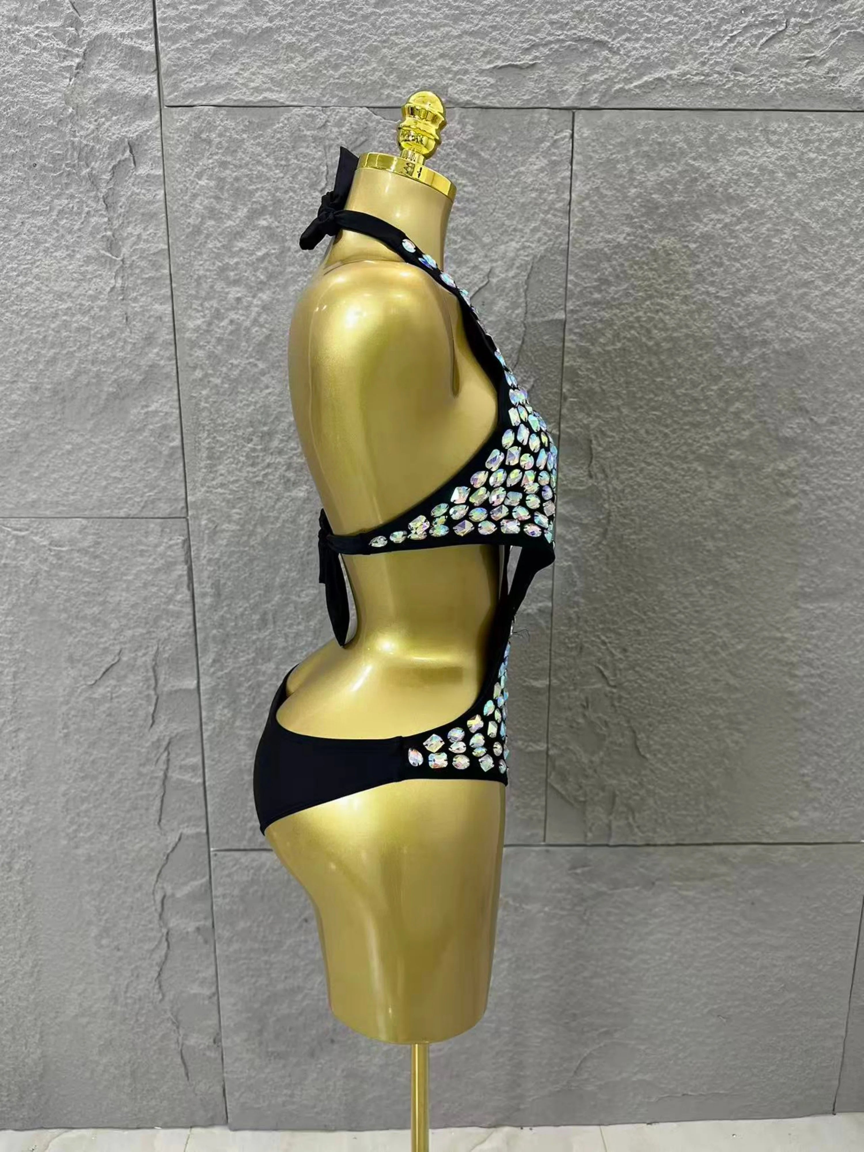 Women Sexy 2026 Luxurious Black Bodysuit Halter Neck Iridescent Crystal Embellished Cutout Outfit Stage Performance Costume