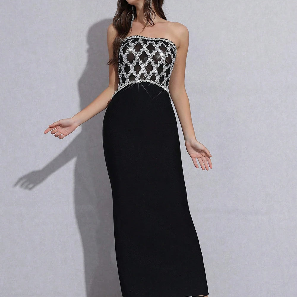 Sexy Strapless Diamond Sequin mesh Patchwork Bodycon Bandage Long Dress Women Fashion Celebrate Evening Party Gowns