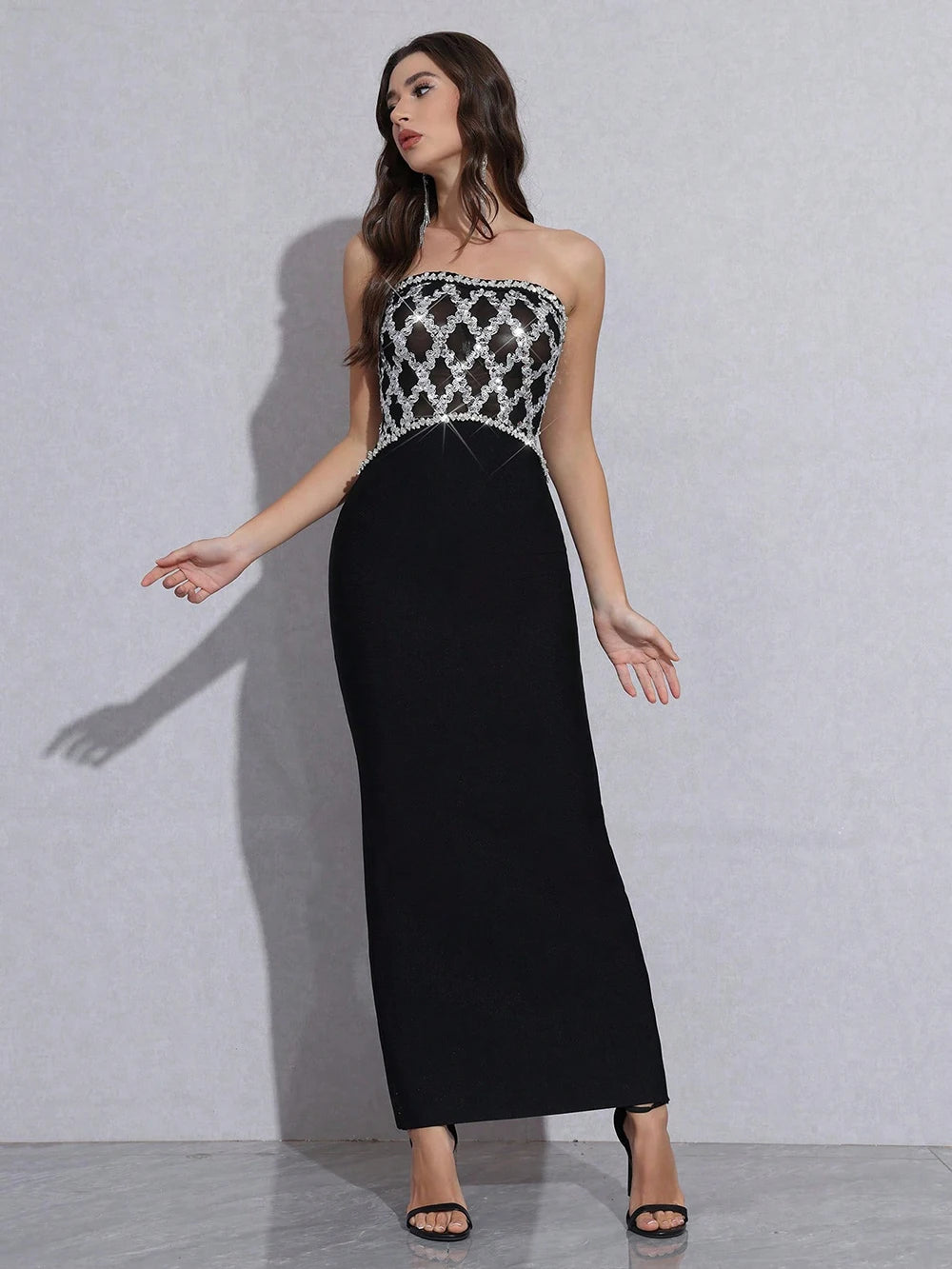 Sexy Strapless Diamond Sequin mesh Patchwork Bodycon Bandage Long Dress Women Fashion Celebrate Evening Party Gowns