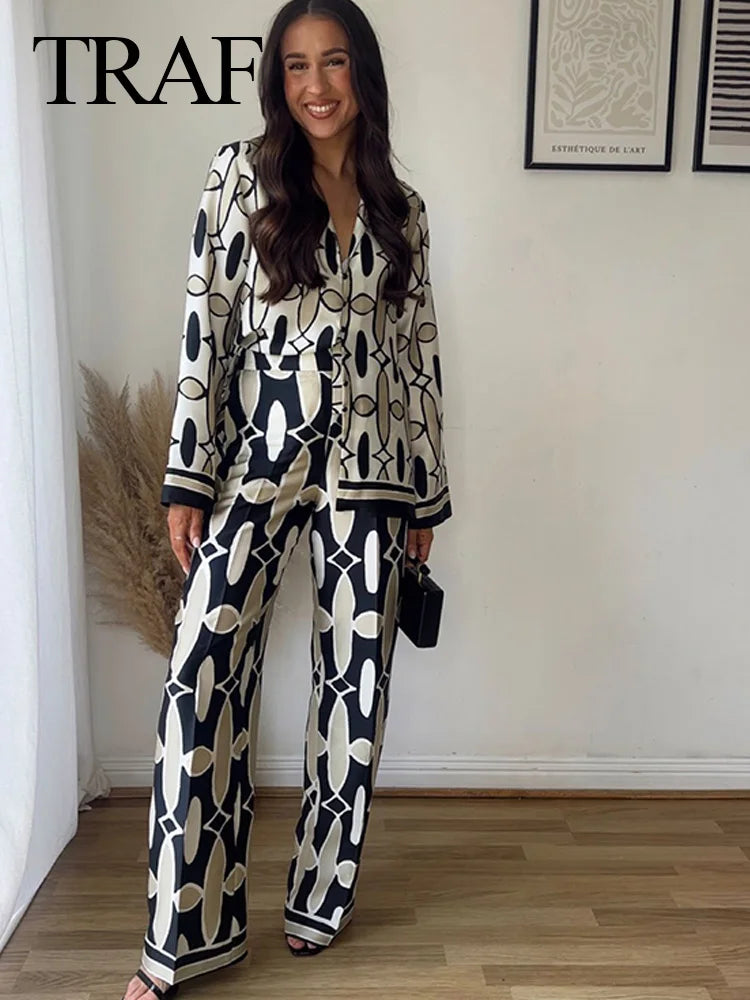 TRAF Women 2 Pieces Set Casual High Waist Pockets Elastic Waist Wide Leg Pant+Chic Printed Lapel Long Sleeve Shirt Blouse