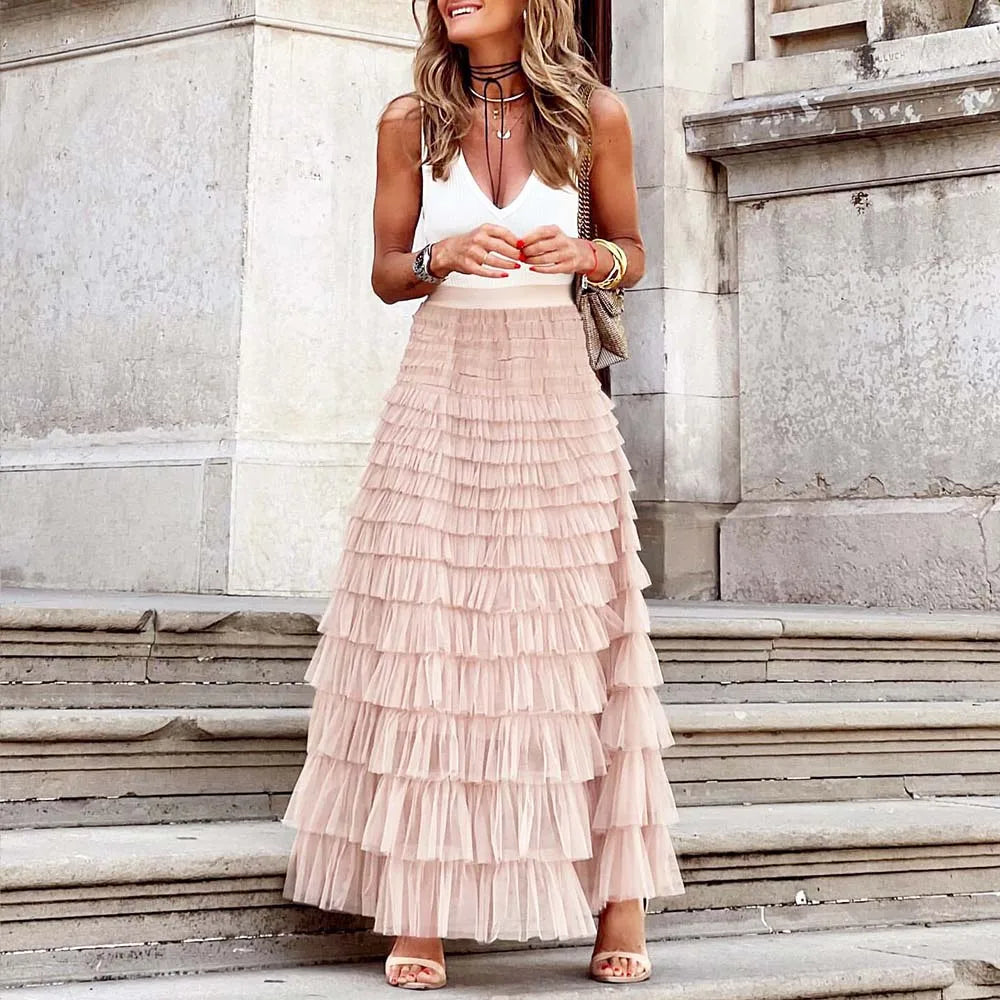 Casual Womens Solid Ball Gown Long Skirt Tulle High Waist Pleated Tutu Skirt Elegant Ladies Wild Mesh Dating Maxi Skirts Drop