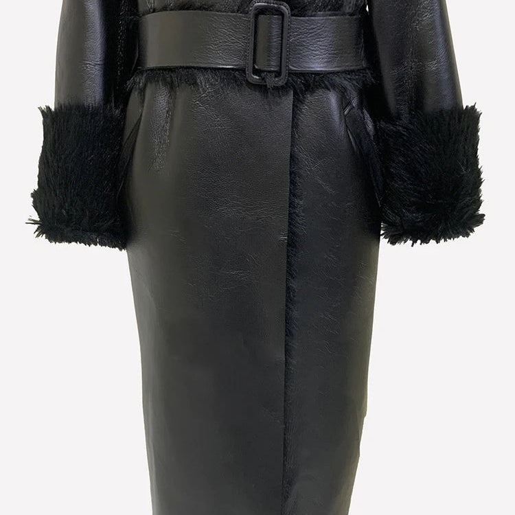 Nerazzurri Winter Long Oversized Black Thickened Warm Soft Black Lamb Shearling Trench Coat Women Faux Sheepskin Overcoat 2024