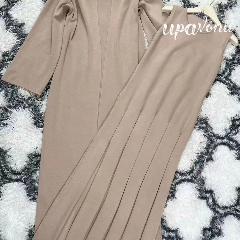 2024 Elegant Women'S Knitted Sweater Dresses Sets With Cardigan Long Jacket+Bodycon Pleated Long Knitted Dress Two-Piece Set Khaki