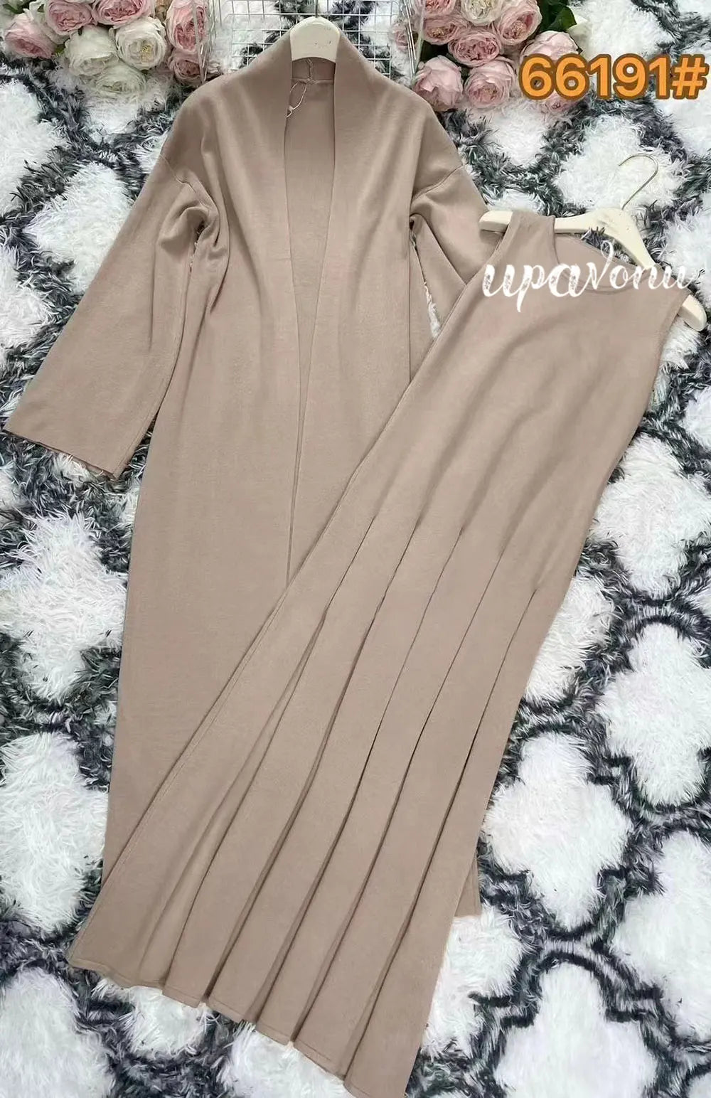 2024 Elegant Women'S Knitted Sweater Dresses Sets With Cardigan Long Jacket+Bodycon Pleated Long Knitted Dress Two-Piece Set Khaki