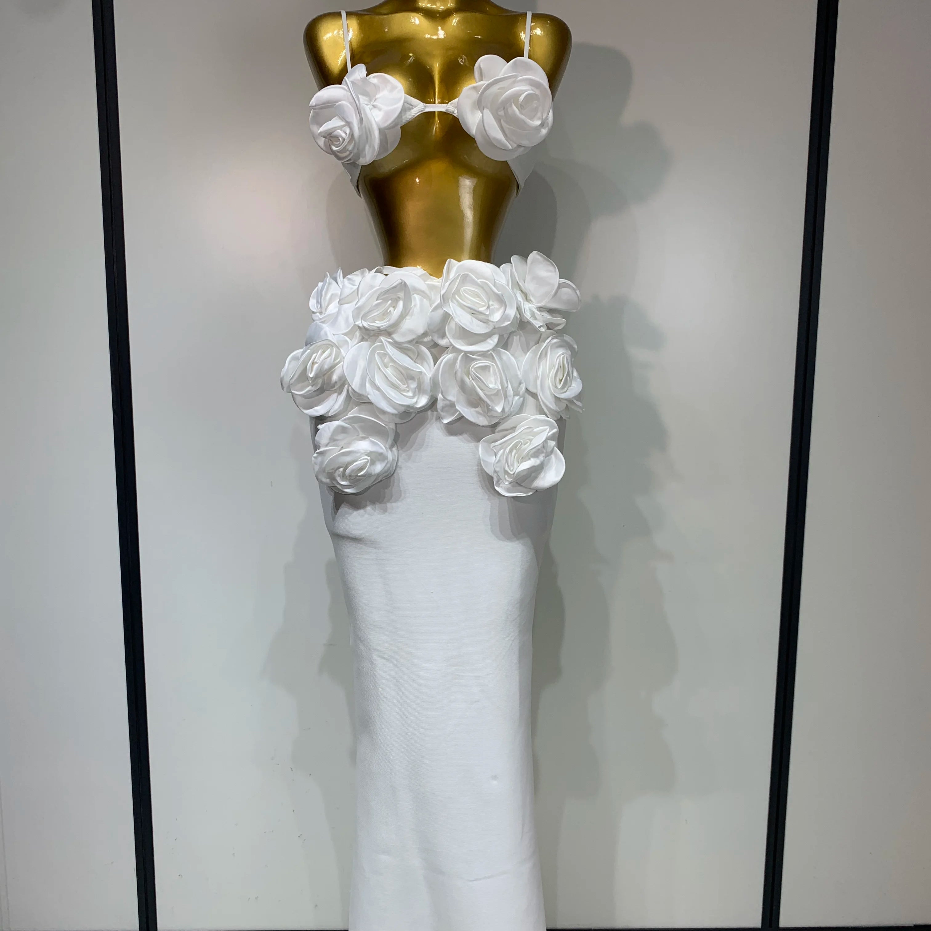 Women Sexy Camisole Floral Bandage Long Skirts 2-Piece Set 2025 Celebrity Elegant Party Cocktail Prom Gown Nightclub Outfit WHITE