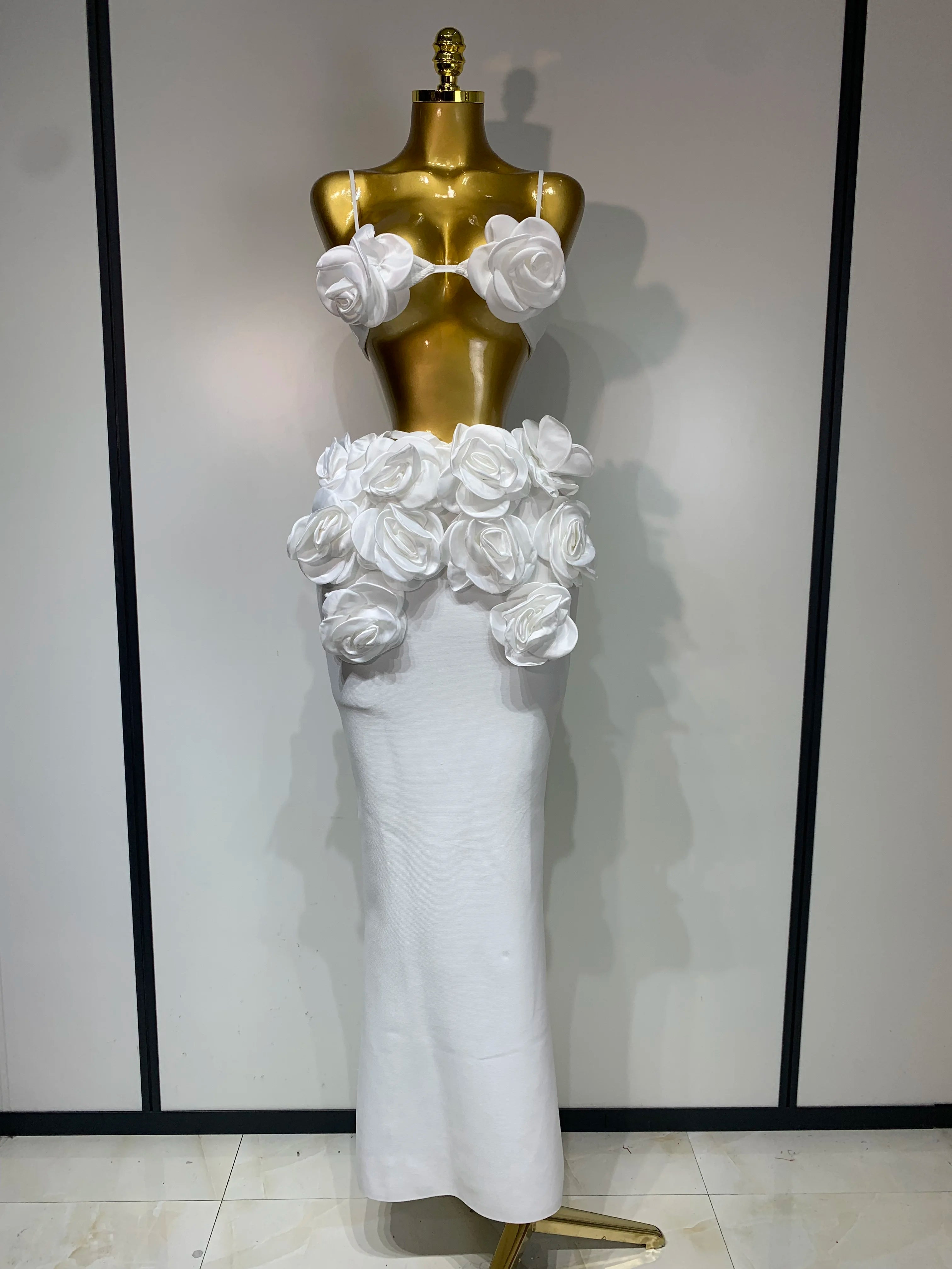 Women Sexy Camisole Floral Bandage Long Skirts Two Piece Set 2025 Celebrity Elegant Party Cocktail Prom Gown Nightclub Outfit WHITE