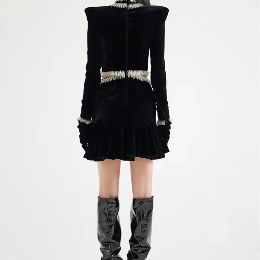 2025 Sexy Women's Open Waist Tassel Velvet Dress Stand Collar Long Sleeve Slimming Mini Dress Celebrity Evening Party Vestidos