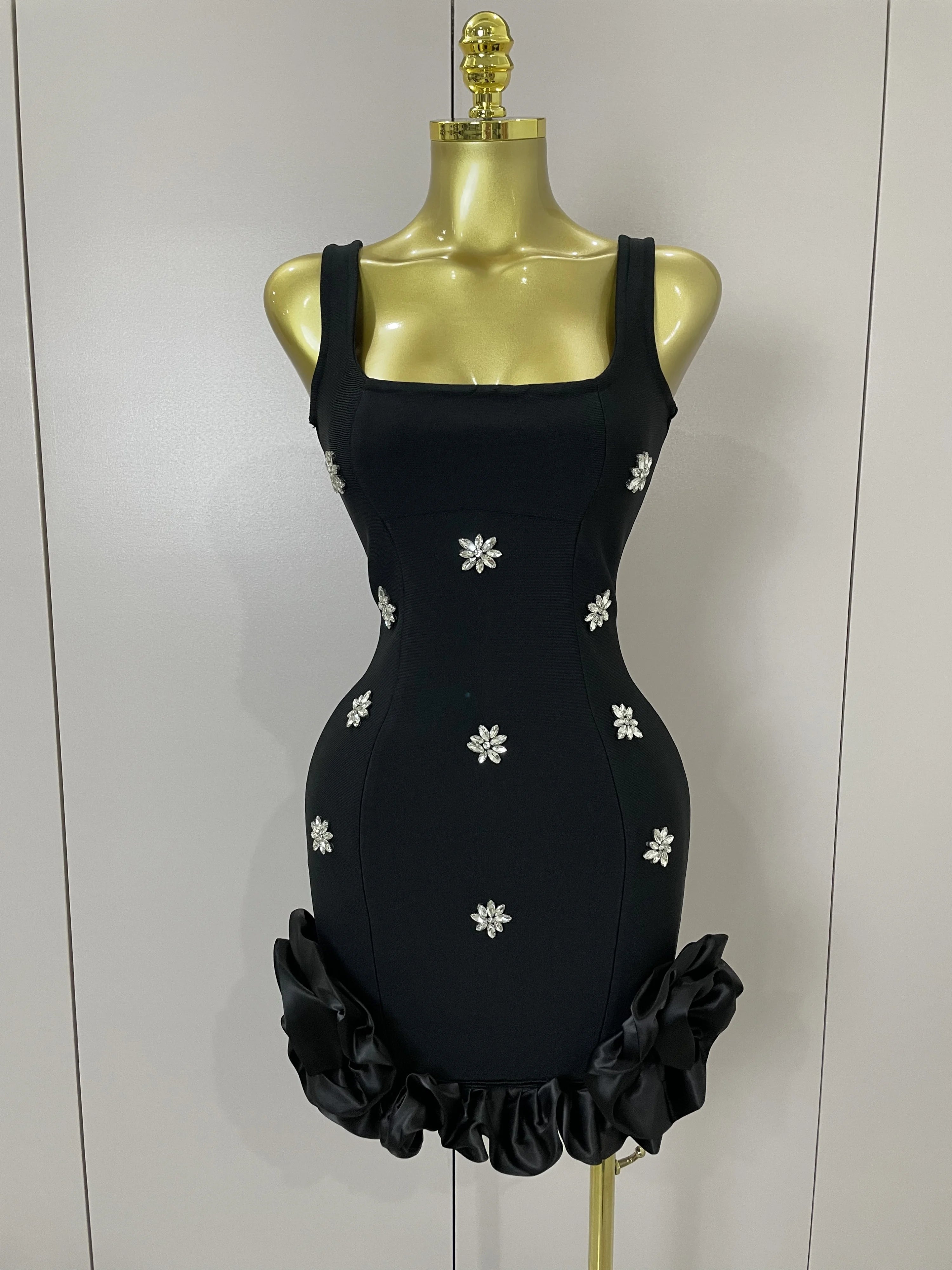 2025 New STyle Shining Crystal Women Sleeveless Bodycon Mini Bandage Dress Elegant Ruffles Cute Birthday Party Celebrate Dress black