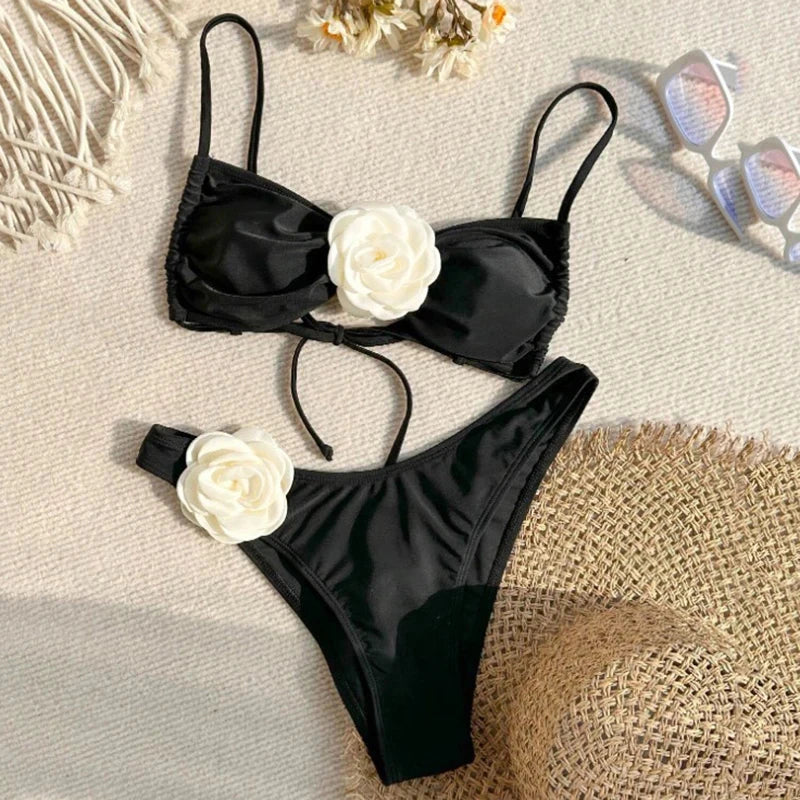 Sexy Flower Bandeau Swimwear Thong Bikini Women Lace-up Swimsuits Swimming Bathing Suit Brazilian Bikinis Set Mujer Biquini