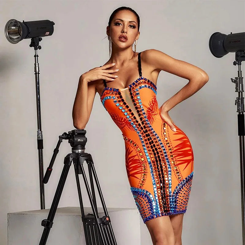 Orange Luxury Beaded Bandage Dress Women Sexy Mesh Strap Printed Party Evening Dresses Fashion Elegant Bodycon Outfit BA163