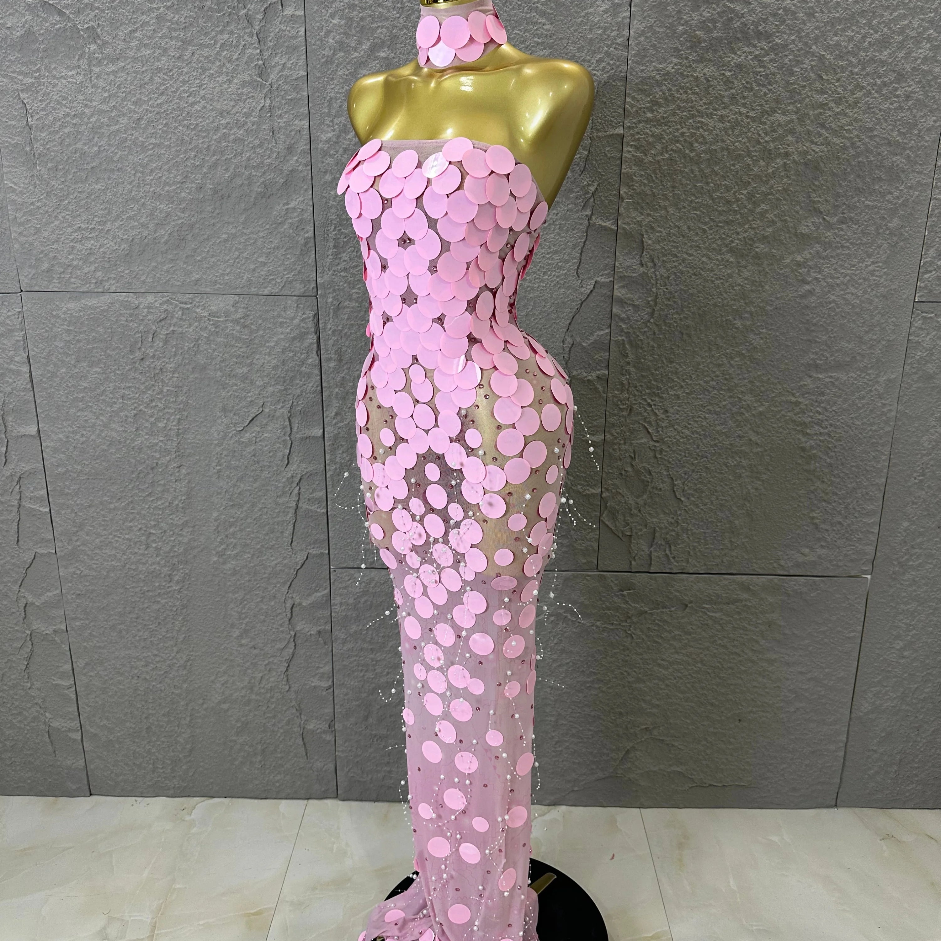 Sexy Pink Halter Neck Slim-fit Maxi Dress Women Pink Disc Pearl Mermaid Outfit Wedding Guest Evening Party Nightclub Costume