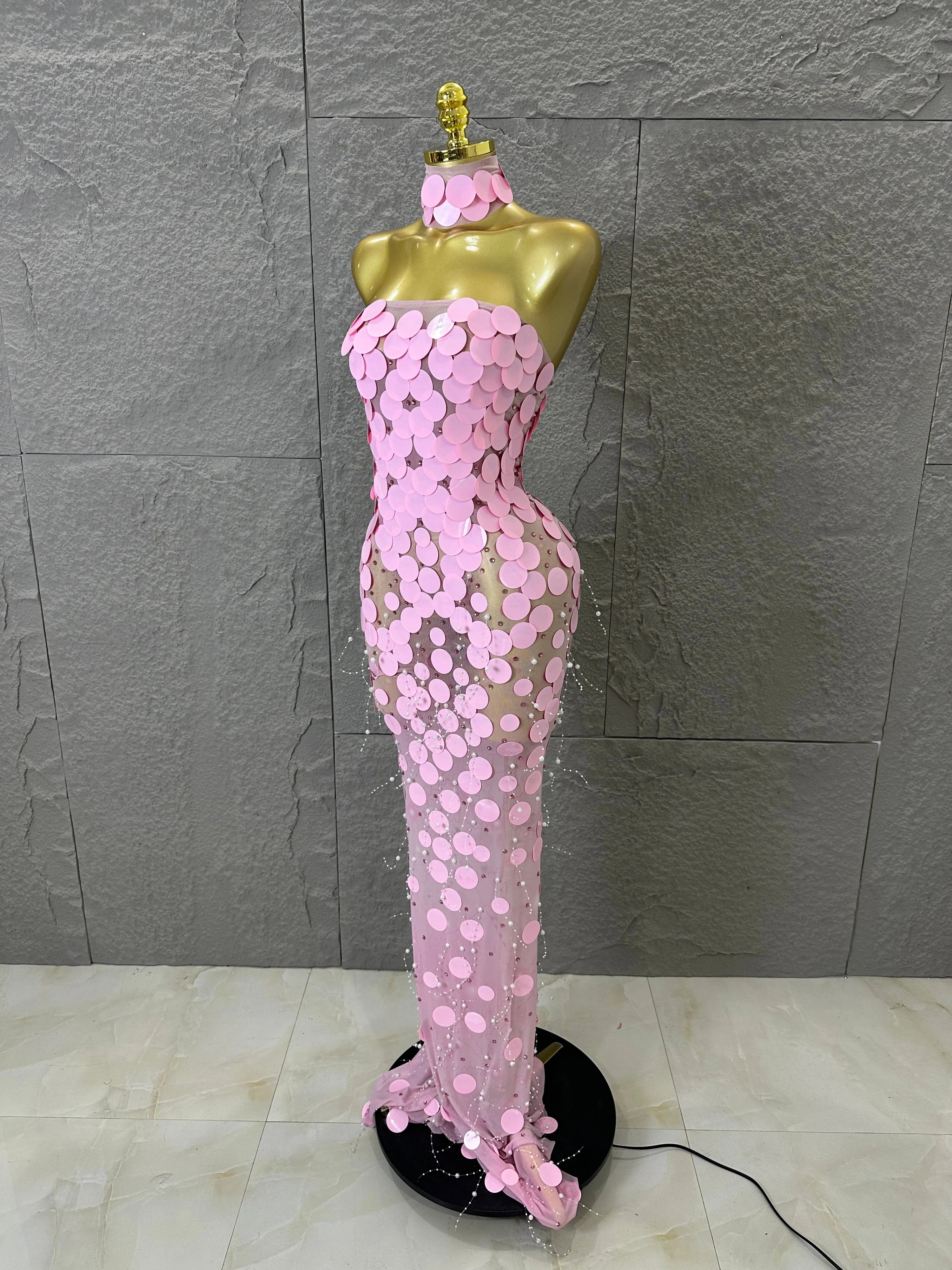 Sexy Pink Halter Neck Slim-fit Maxi Dress Women Pink Disc Pearl Mermaid Outfit Wedding Guest Evening Party Nightclub Costume