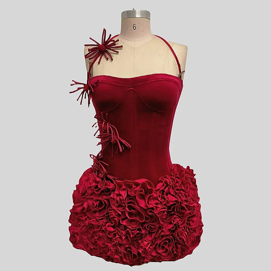 2025 New Sweet Women Set Sexy Strapless Laced-up Tops Florlas Bodycon Mini Velvet Skirt 2 Piece Celebrate Birthday Party Dress Red