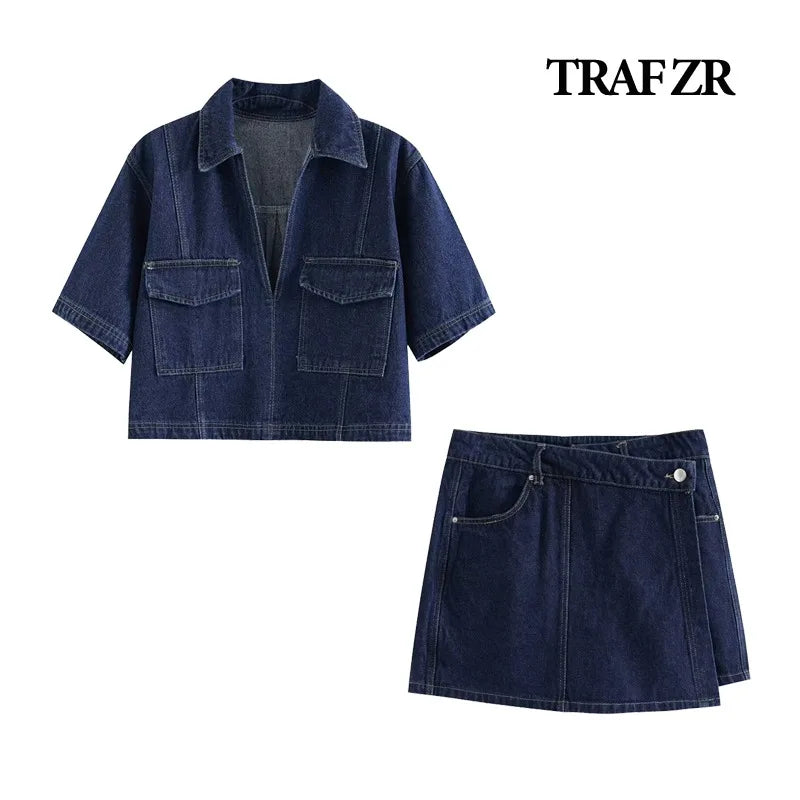 TRAF ZR Demin 2 Piece Short Sets Women Vacation Outfits Summer Y2k Vintage Women's Spring Suits Loungwear Set Tracksuit