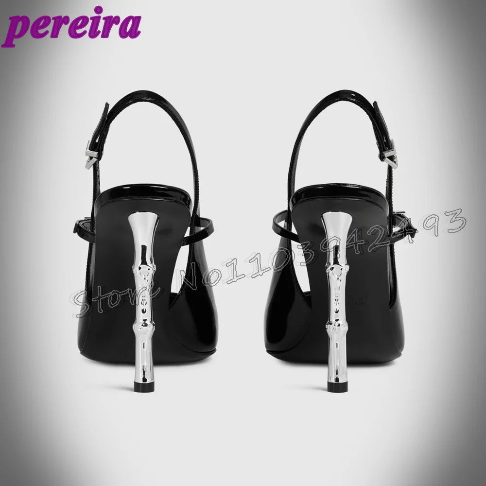 Black Patent Leather Pointed Toe Shiny Silver Heels Strappy Women's High Heels Sandals Stylish Outdoor Indoor Shoes New Summer