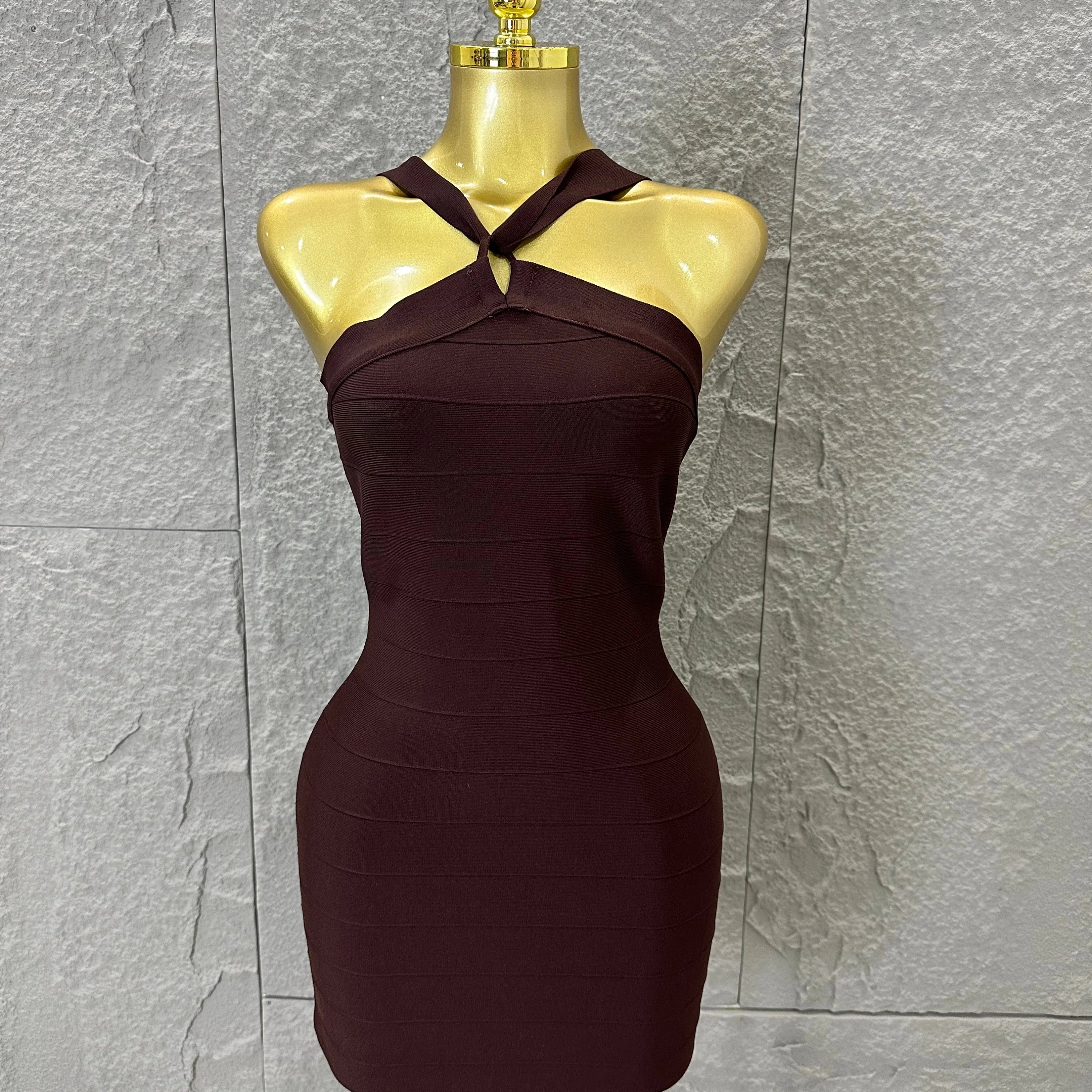Sexy Deep V Red 3D Flower Applique Dress Slim Fit Bodycon Bandage Night Out Wedding Guest Club Cocktail Evening Party Outfit Brown