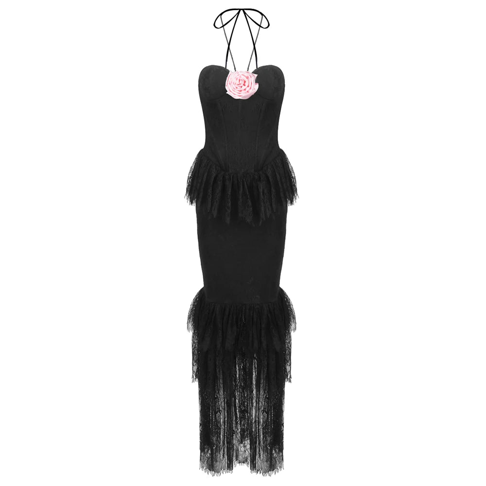 Women Celebrity Sexy Backless Halter Black Lace Flower Maxi Long Gowns Dress 2025 Elegant Evening Party Club Vestido