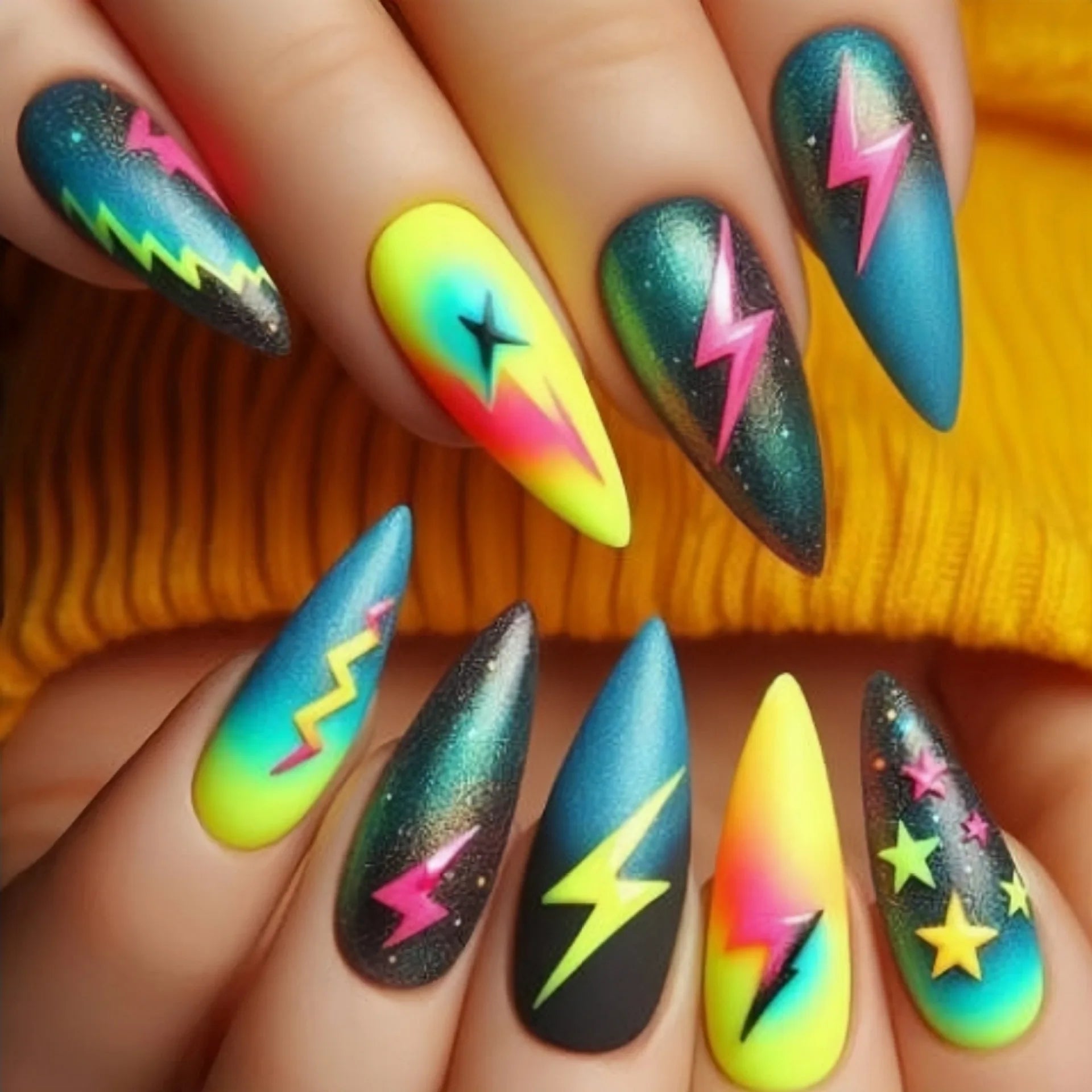 Medium fake nails for women gilrs gradient blue pink starry sky star moon Y2K design Almond nail tips press on false nail set 2271